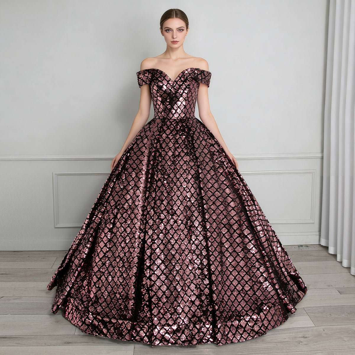 XU00132 Sweetheart Off-Shoulder Sequin Ball Gown - Front - Pink with Rose Pink diamond sequin pattern