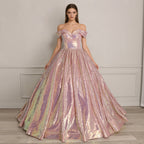 XU00133 Sweetheart Off-Shoulder Iridescent Rainbow Sequin Ball Gown - Front Full - Iridescent