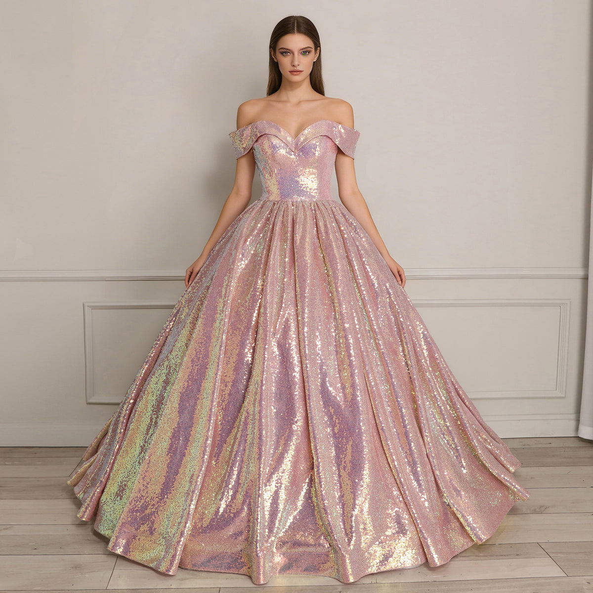 XU00133 Sweetheart Off-Shoulder Iridescent Rainbow Sequin Ball Gown - Front Full - Iridescent