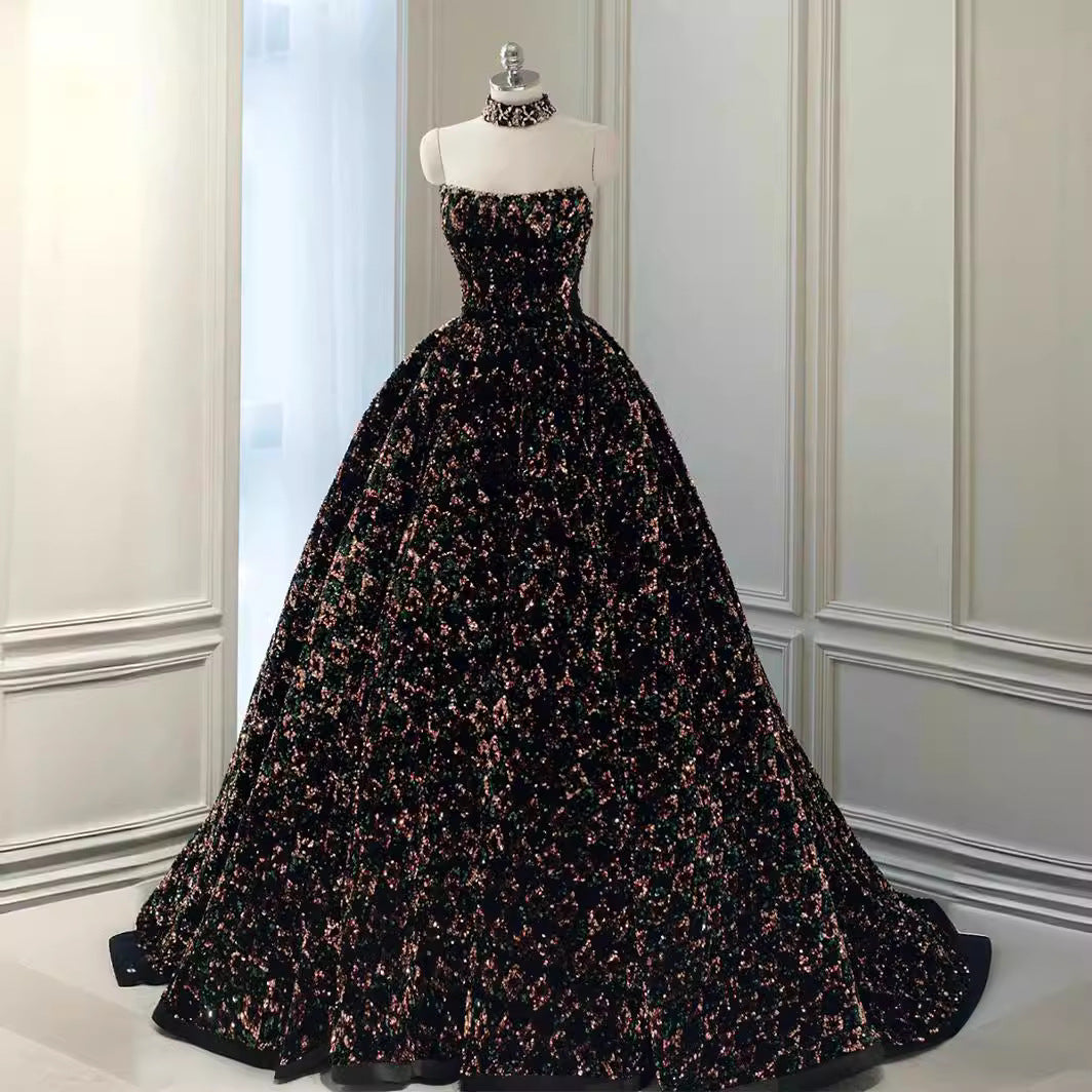 XU00134 Strapless Sweetheart Black Multi-Color Sequin Ball Gown Sweep Train - Front Full - Multi