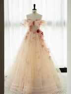 Champagne Tulle 3D Floral Evening Gown - Front View Mannequin