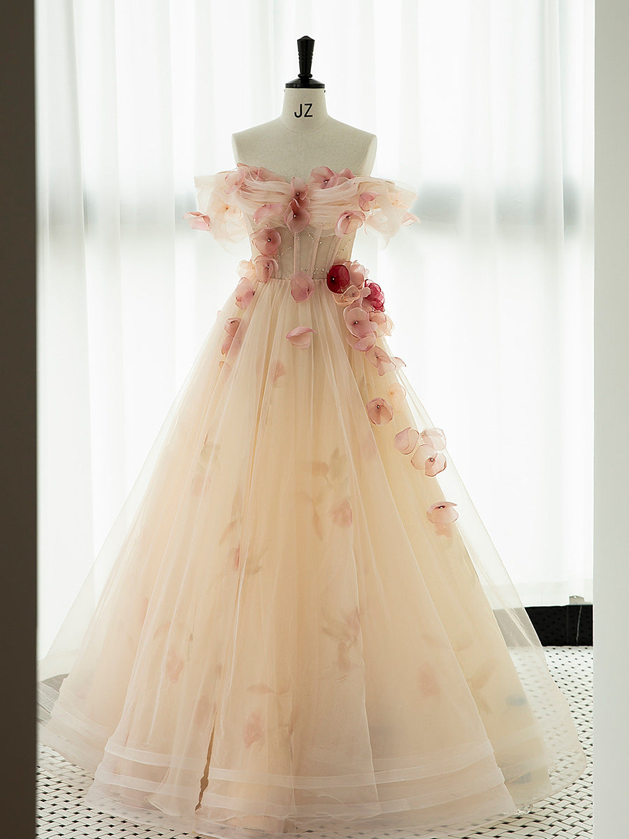 Champagne Tulle 3D Floral Evening Gown - Front View Mannequin