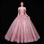 Pink Glitter Sequin Ball Gown with 3D Floral Appliqués - Front View Model