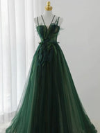 Dark Green Tulle Spaghetti Strap Leaf Appliqué Evening Gown - Front View Mannequin