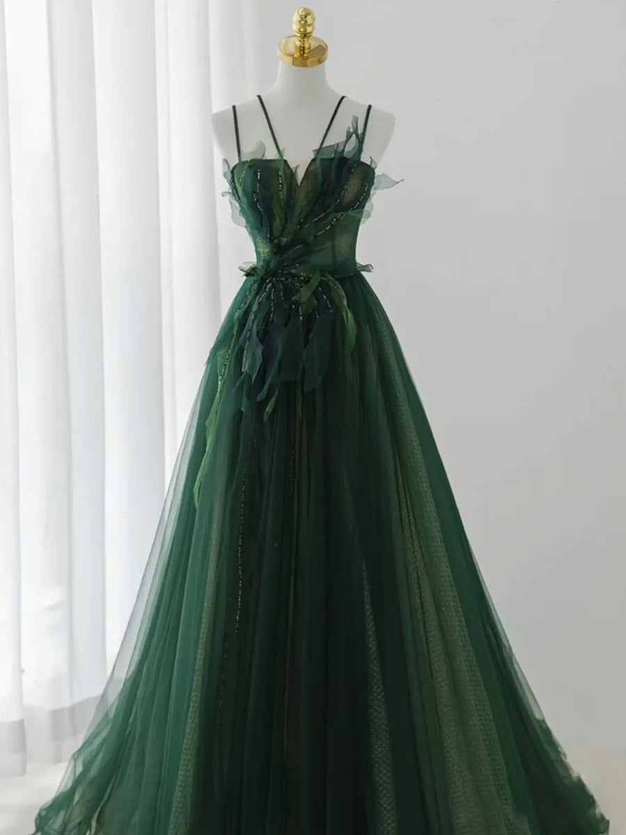 Dark Green Tulle Spaghetti Strap Leaf Appliqué Evening Gown - Front View Mannequin