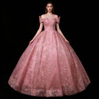 Pink Beaded Off-Shoulder Glitter Tulle Ball Gown - Front View Model