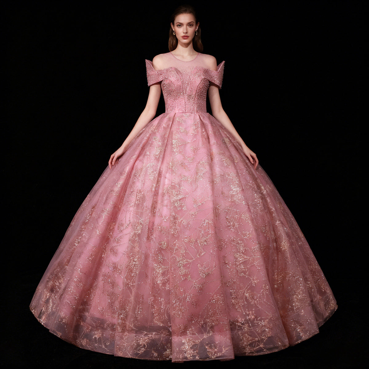 Pink Beaded Off-Shoulder Glitter Tulle Ball Gown - Front View Model