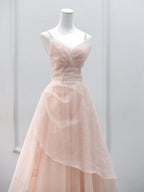 Pink Glitter Tulle Spaghetti Strap Pleated Bodice Lace-Up Back A-Line Gown - Front View Mannequin