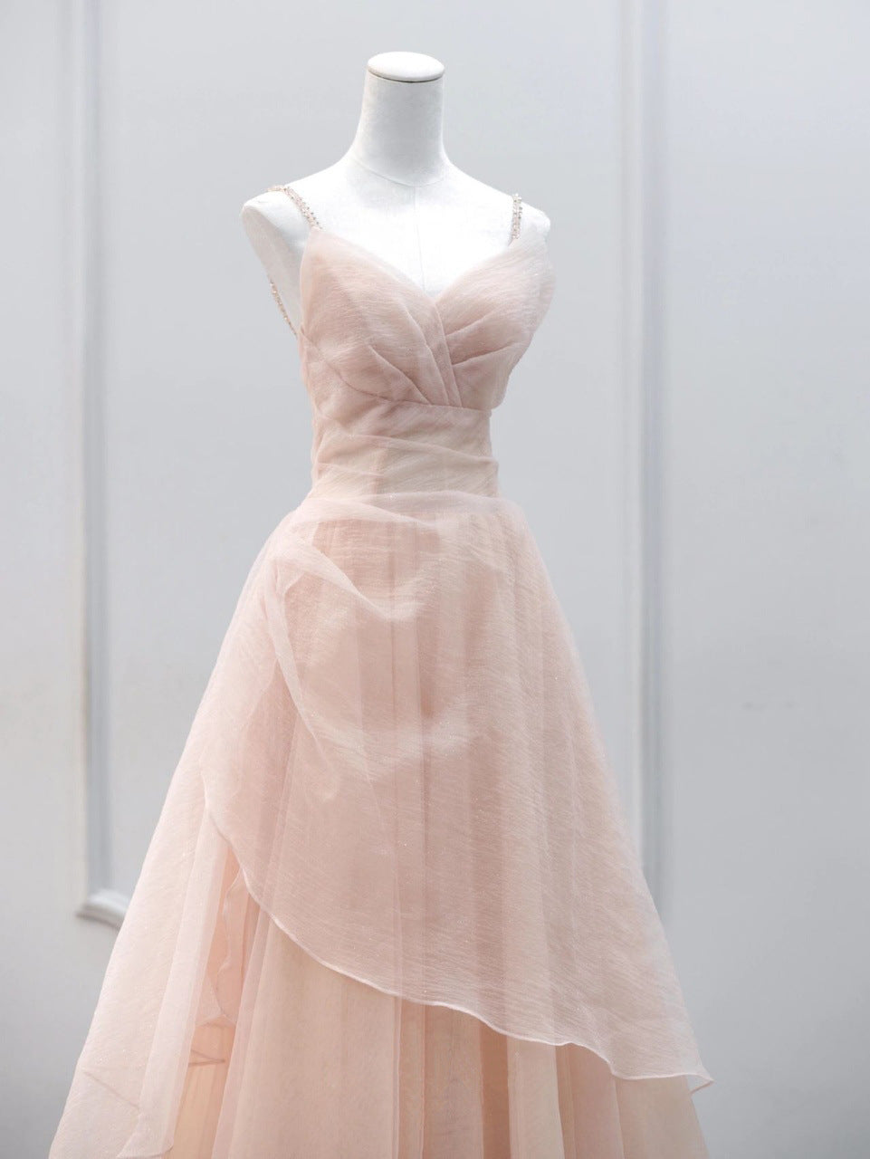 Pink Glitter Tulle Spaghetti Strap Pleated Bodice Lace-Up Back A-Line Gown - Front View Mannequin