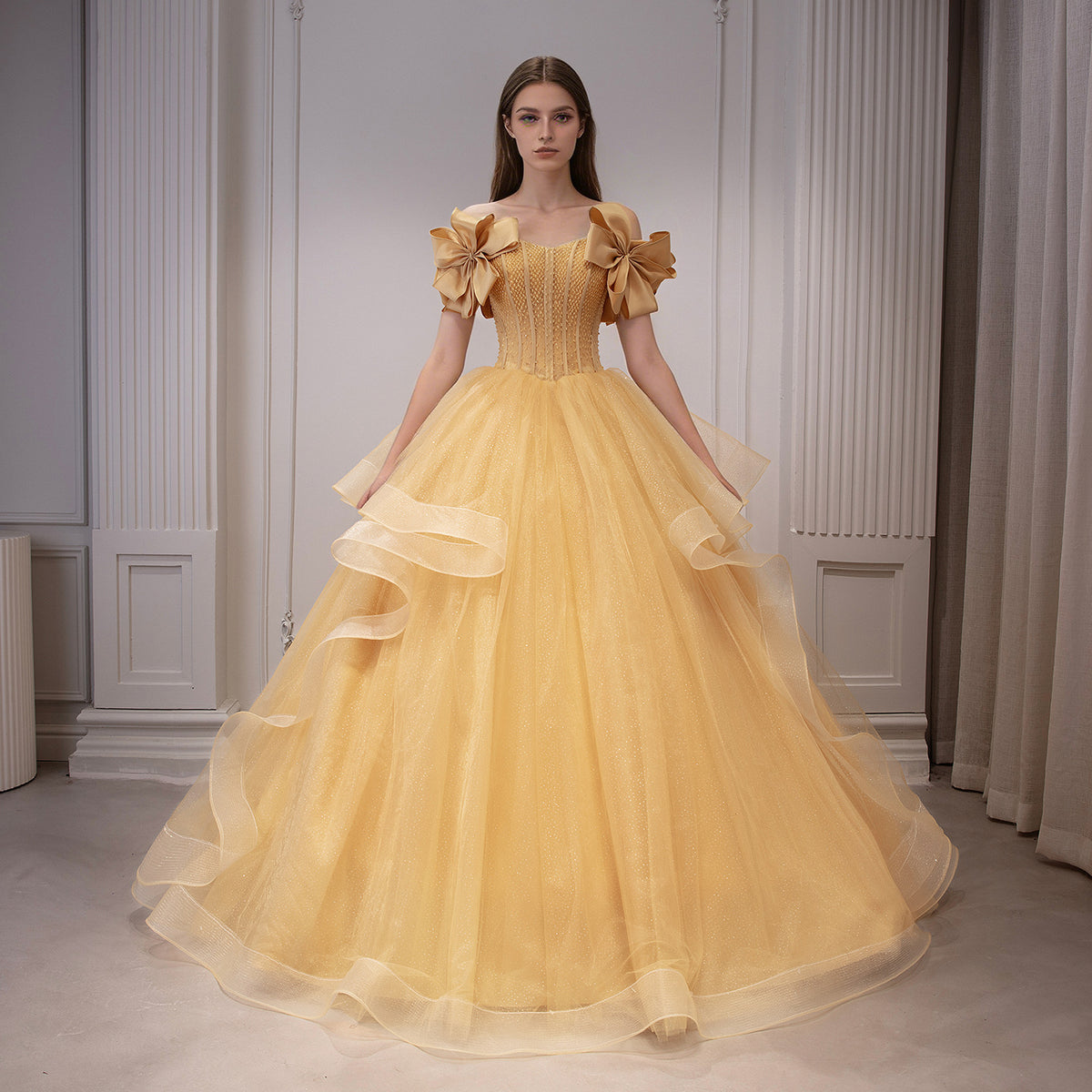 Yellow Glitter Tulle Off-Shoulder Bow Sleeves Ball Gown - Front View Model