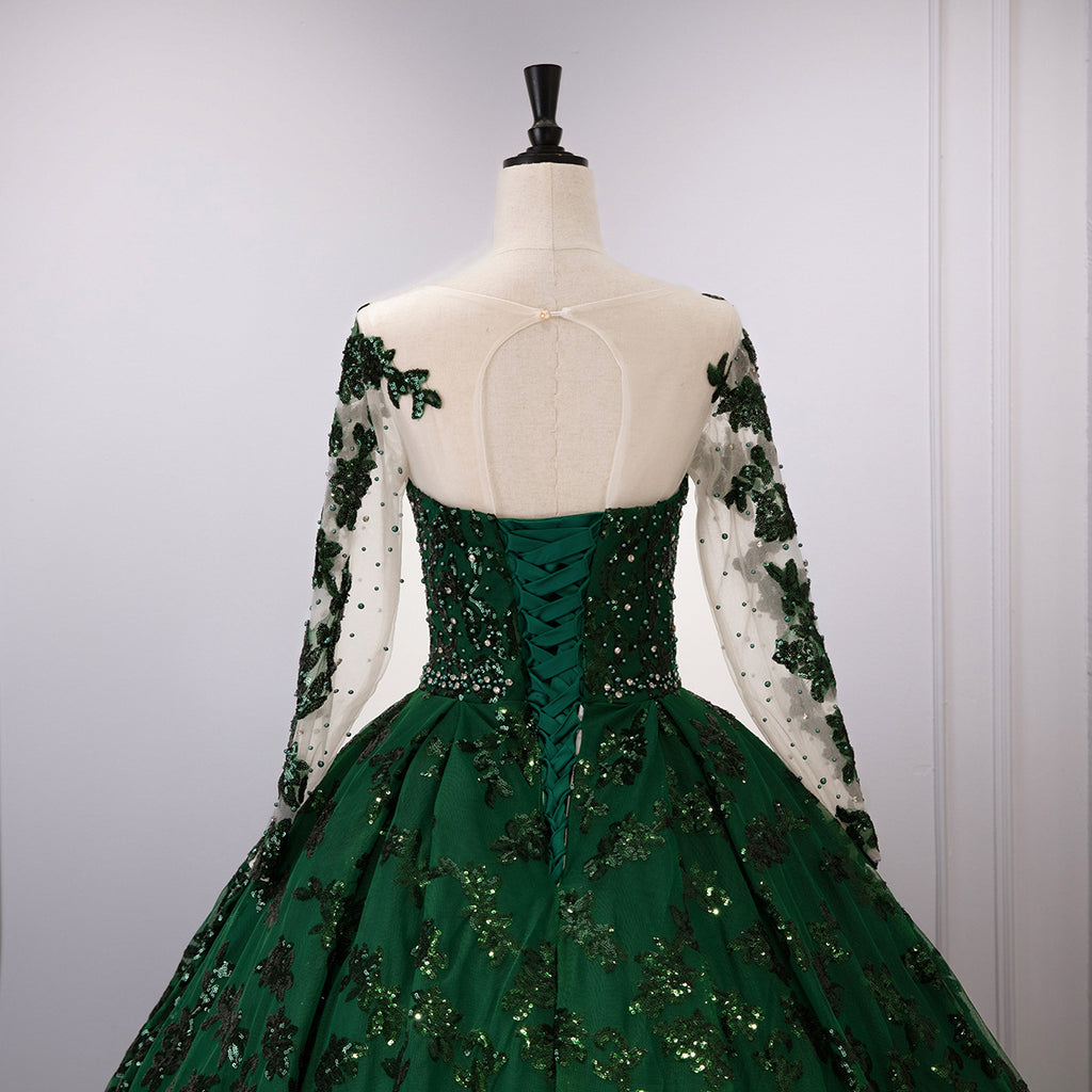 Emerald Green Beaded Corset Bodice Ball Gown - Back View Lace-Up
