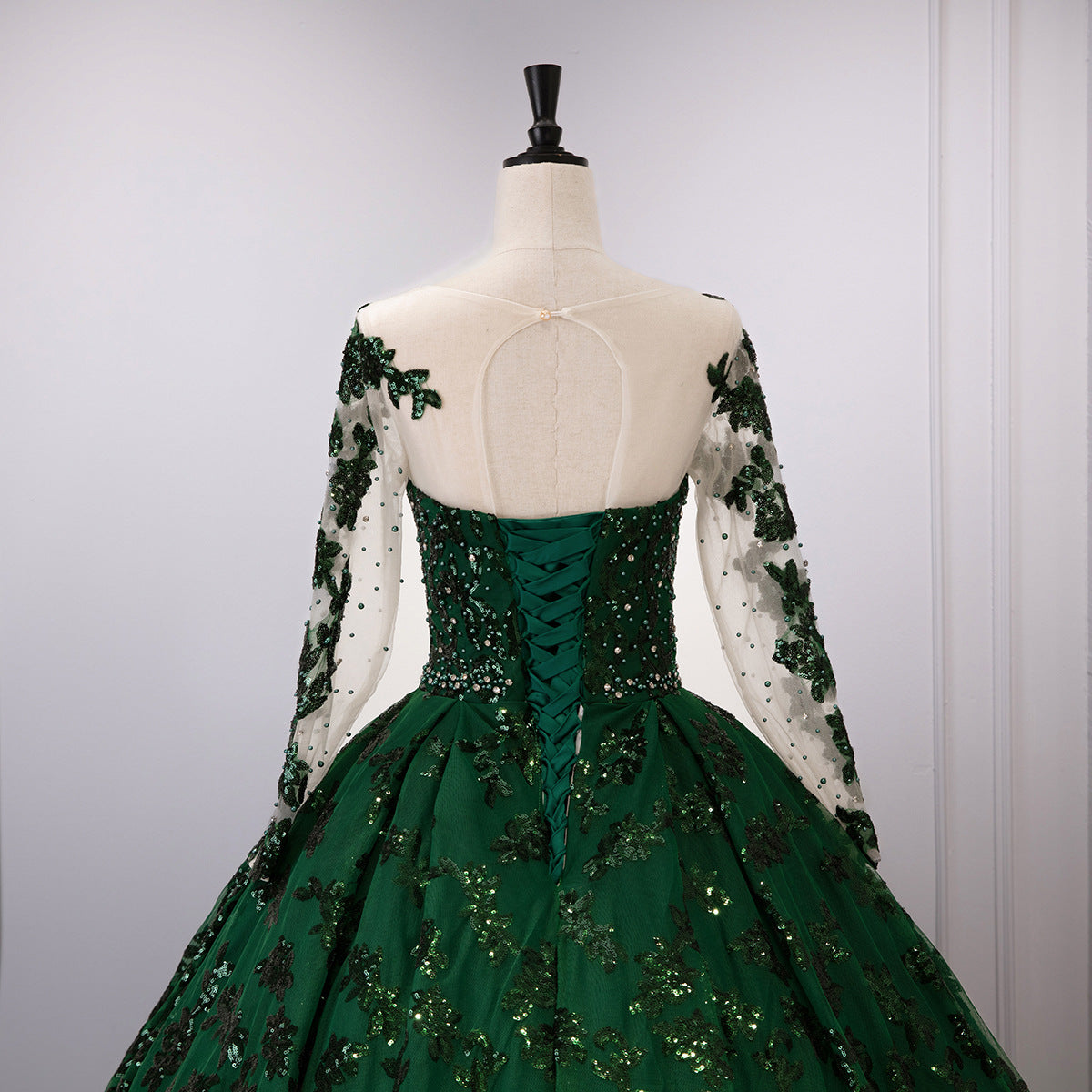 Emerald Green Beaded Corset Bodice Ball Gown - Back View Lace-Up