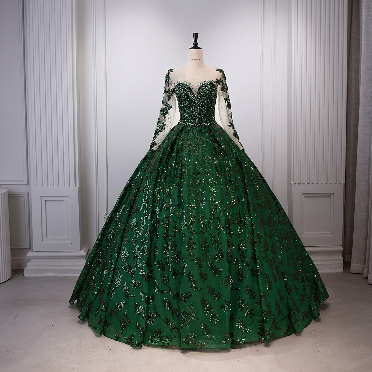 Emerald Green Beaded Corset Bodice Ball Gown - Full Front View Mannequin
