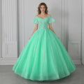 Mint Green Beaded Corset Off-Shoulder Flutter Sleeves Ball Gown - Front View Model