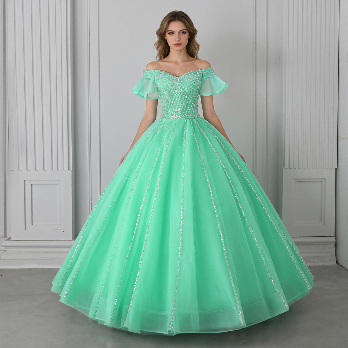 Mint Green Beaded Corset Off-Shoulder Flutter Sleeves Ball Gown - Front View Model