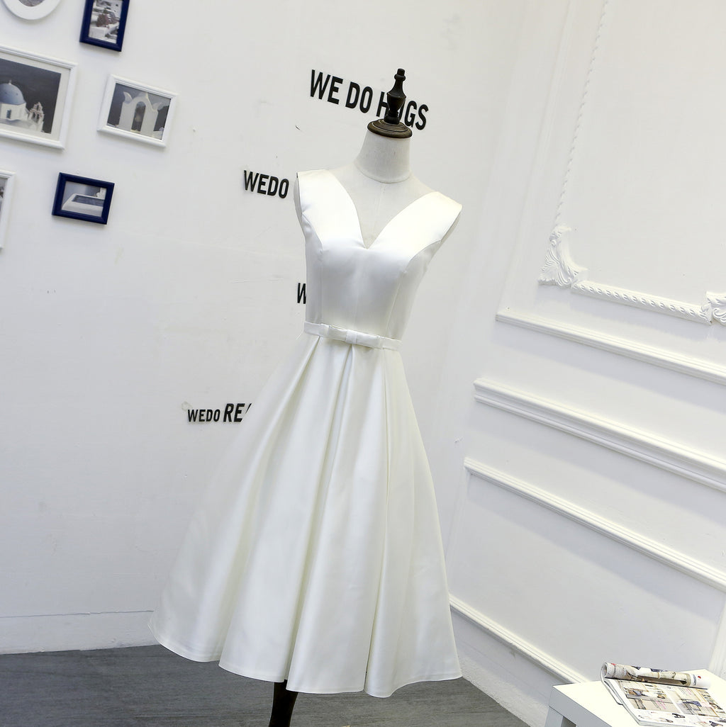 Ivory Satin V-Neck A-Line Tea-Length Bridesmaid Dress - Front View Mannequin