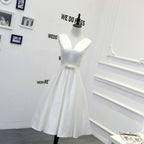 Ivory Satin V-Neck A-Line Tea-Length Bridesmaid Dress - Front View Mannequin