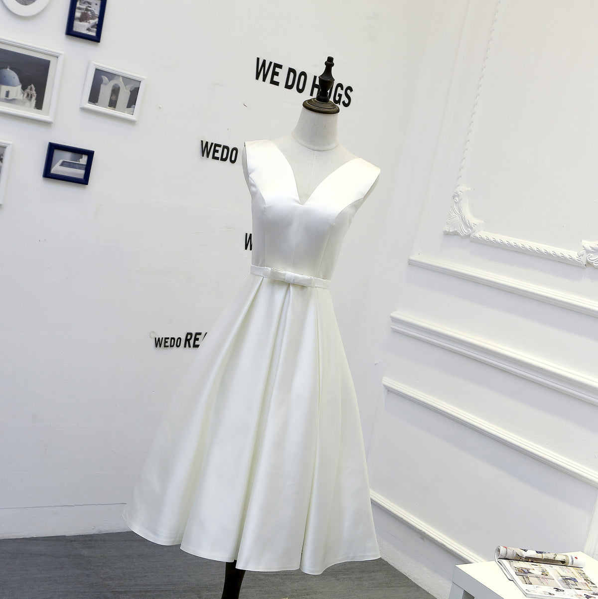 Ivory Satin V-Neck A-Line Tea-Length Bridesmaid Dress - Front View Mannequin