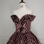 XU00132 Sweetheart Off-Shoulder Sequin Ball Gown - Bodice Detail - Pink with Rose Pink diamond sequin
