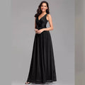 V-Neck Sleeveless Pleated Surplice Bust Banded Empire Waist V-Back Glitter Mesh A-Line Floor-Length Evening Dress - Black, Front