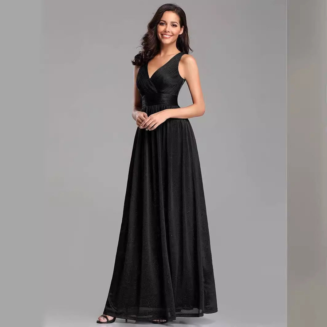 V-Neck Sleeveless Pleated Surplice Bust Banded Empire Waist V-Back Glitter Mesh A-Line Floor-Length Evening Dress - Black, Front