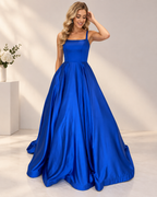 Square Neck Sleeveless Satin A-Line Floor-Length Bridesmaid Dress with Crisscross Lace-Up Back and Sweep Train - Royal Blue, Front
