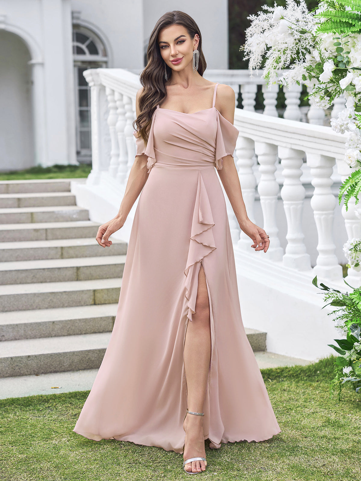 Chiffon Off-Shoulder Flutter Sleeve Empire Waist Ruffle A-Line Floor-Length Bridesmaid Dress with High Slit XU00181 - Blushing Pink Front View