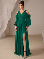 Chiffon V-Neck Cold Shoulder Long Bishop Sleeve Empire Waist A-Line Floor-Length Bridesmaid Dress with High Slit XU00179 - Emerald Front View