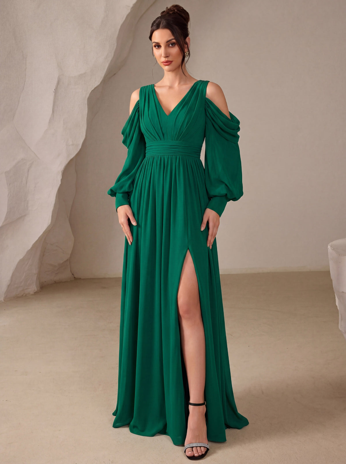 Chiffon V-Neck Cold Shoulder Long Bishop Sleeve Empire Waist A-Line Floor-Length Bridesmaid Dress with High Slit XU00179 - Emerald Front View