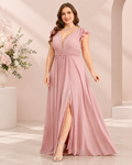 Chiffon V-Neck Flutter Cap Sleeve Empire Waist A-Line Floor-Length Bridesmaid Dress with Front Slit XU00177 - Blushing Pink Front View