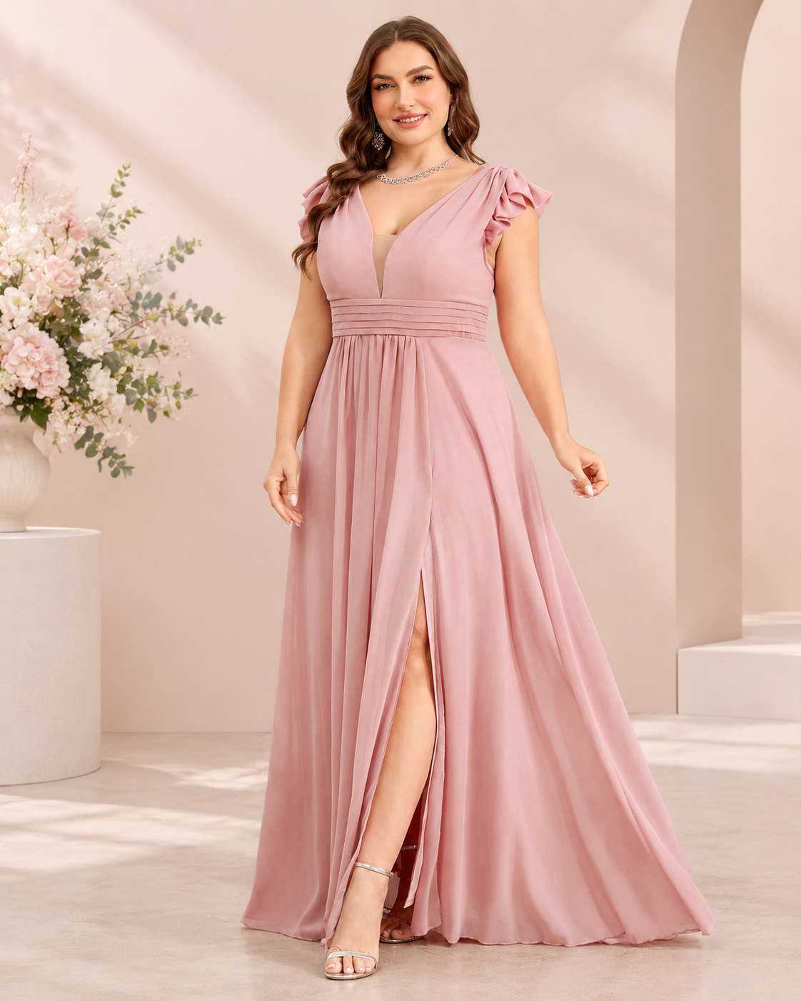 Chiffon V-Neck Flutter Cap Sleeve Empire Waist A-Line Floor-Length Bridesmaid Dress with Front Slit XU00177 - Blushing Pink Front View