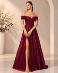 Satin Off-Shoulder Sweetheart Drape Lace-Up A-Line Gown XU00171 - Burgundy Front View