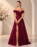 Satin Off-Shoulder Sweetheart Drape Lace-Up A-Line Gown XU00171 - Burgundy Front View