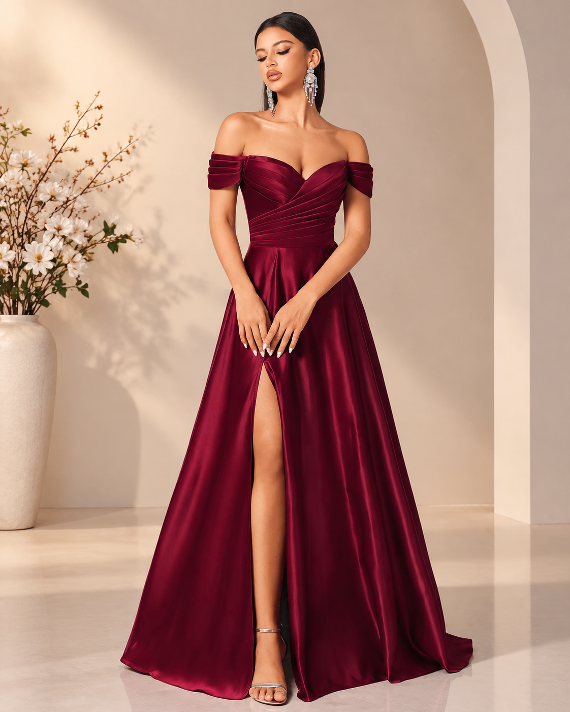 Satin Off-Shoulder Sweetheart Drape Lace-Up A-Line Gown XU00171 - Burgundy Front View