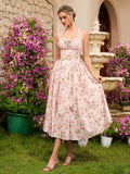 Rose Print Halter Neck Sweetheart Corset Lace-Up A-Line Midi Dress XU00169 - Blush Pink Front View