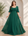 Chiffon Square Neck Puff Sleeve Empire Waist A-Line Floor-Length Mother of the Bride Dress XU00176 - Emerald Front View
