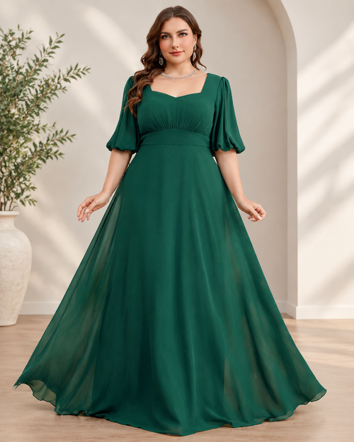 Chiffon Square Neck Puff Sleeve Empire Waist A-Line Floor-Length Mother of the Bride Dress XU00176 - Emerald Front View