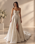 Sweetheart Strapless 3D Floral Lace Sequins Beaded Corset Bodice A-Line Ball Gown Wedding Dress with High Slit and Long Train - Ivory, Front View