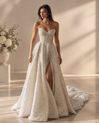 Sweetheart Strapless 3D Floral Lace Sequins Beaded Corset Bodice A-Line Ball Gown Wedding Dress with High Slit and Long Train - Ivory, Front View
