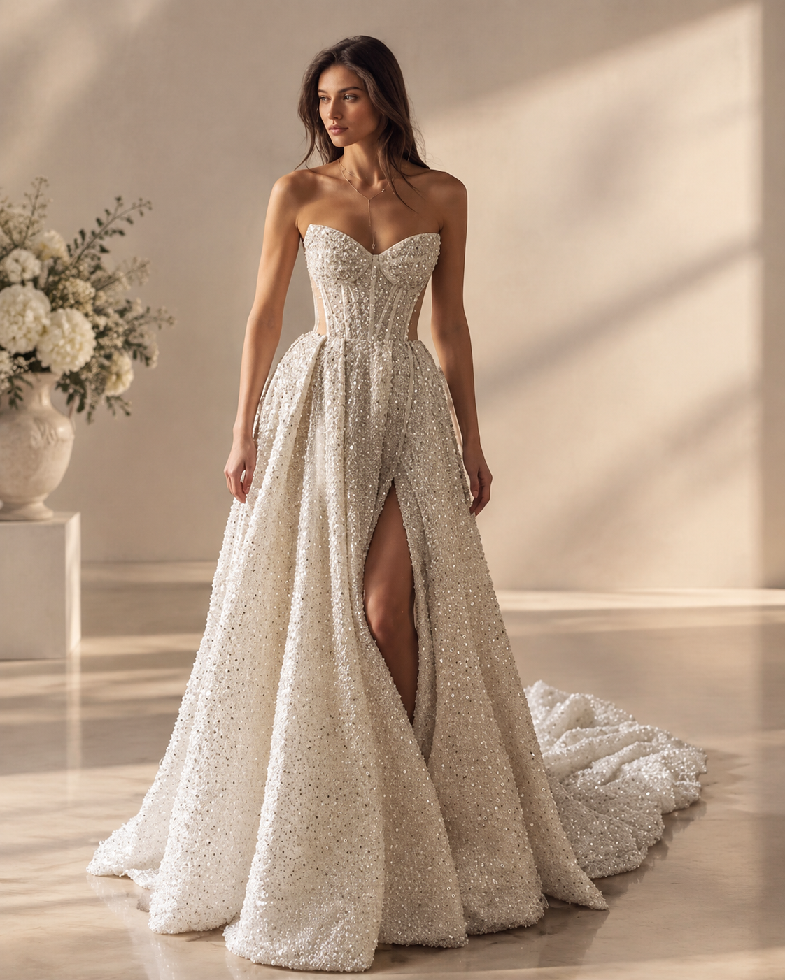 Sweetheart Strapless 3D Floral Lace Sequins Beaded Corset Bodice A-Line Ball Gown Wedding Dress with High Slit and Long Train - Ivory, Front View