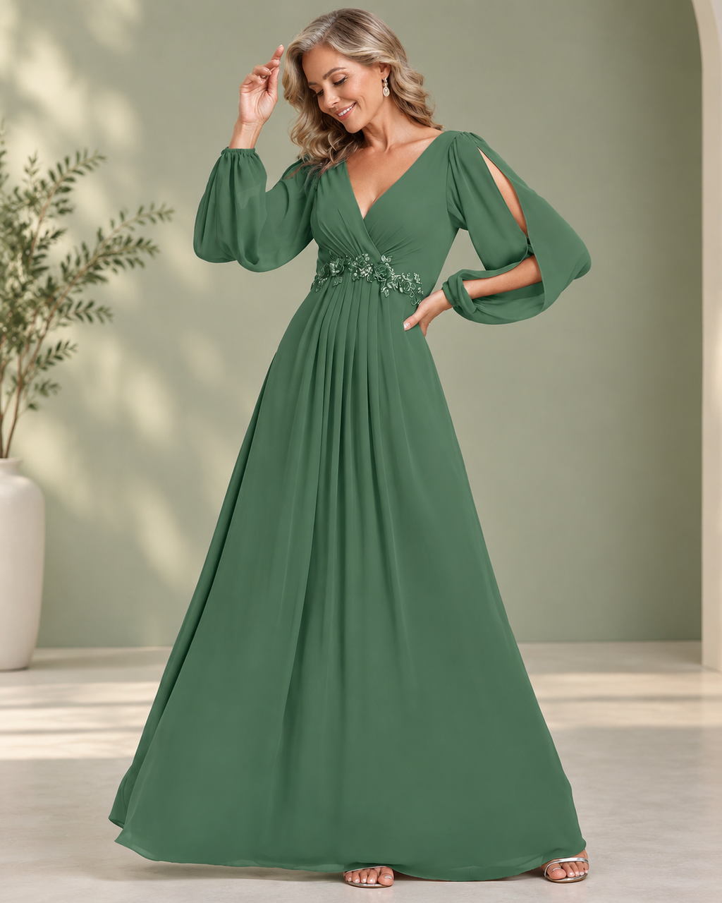 V-Neck Cold Shoulder Bishop Sleeve Ruched Bodice Beaded Lace Appliqués A-Line Floor-Length Chiffon Bridesmaid Dress - Sage Green, Front