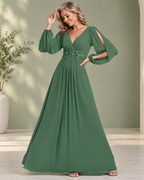 V-Neck Cold Shoulder Bishop Sleeve Ruched Bodice Beaded Lace Appliqués A-Line Floor-Length Chiffon Bridesmaid Dress - Sage Green, Front