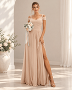 Square Neck Cold Shoulder Ruched Bodice Banded Waist High Slit A-Line Chiffon Floor-Length Bridesmaid Dress with V-Back - Champagne, Front