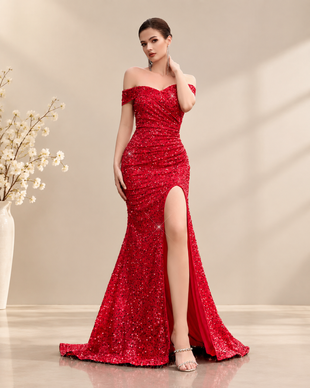 Off-the-Shoulder Sweetheart Neckline Sequins Beaded Mermaid Floor-Length Evening Gown with High Slit and Sweep Train - Red, Front View