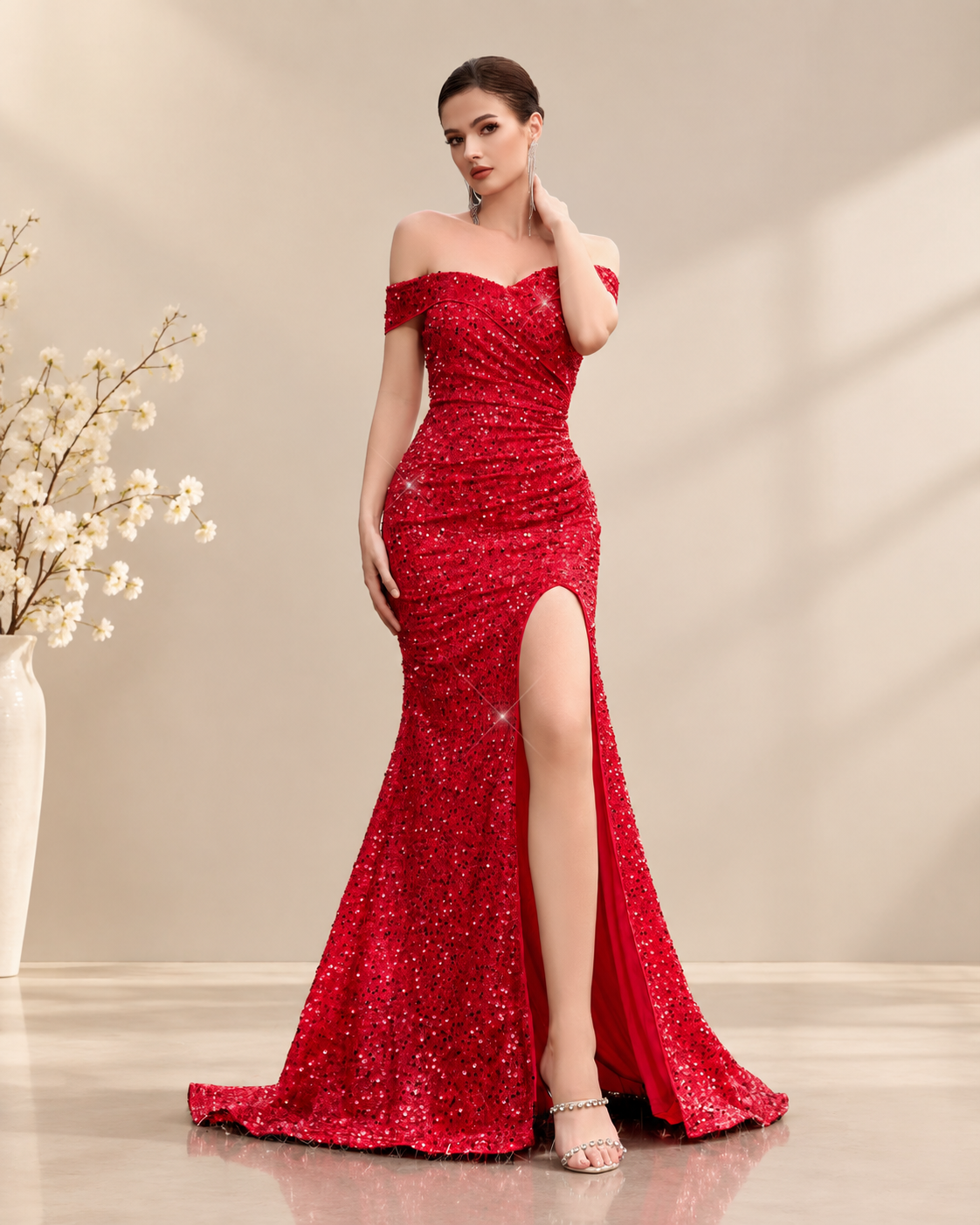 Off-the-Shoulder Sweetheart Neckline Sequins Beaded Mermaid Floor-Length Evening Gown with High Slit and Sweep Train - Red, Front View