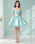 Satin Off-Shoulder Cap Sleeve Corset Lace-Up Mini Ball Gown Cocktail Dress XU00175 - Light Blue Front View