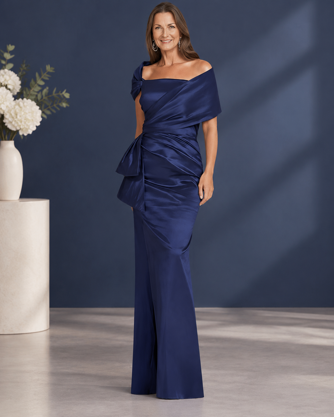 Off-Shoulder Boat Neck Short Sleeve Draped Ruched Bodice Side Bow Detail Lace-Up Back Sheath Floor-Length Satin Mother of the Bride Dress - Royal Blue, Front