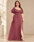Plus Size Chiffon Sweetheart Puff Sleeve Empire Waist A-Line Gown with High Slit XU00174 - Dusty Rose Front View
