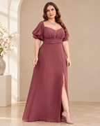 Plus Size Chiffon Sweetheart Puff Sleeve Empire Waist A-Line Gown with High Slit XU00174 - Dusty Rose Front View