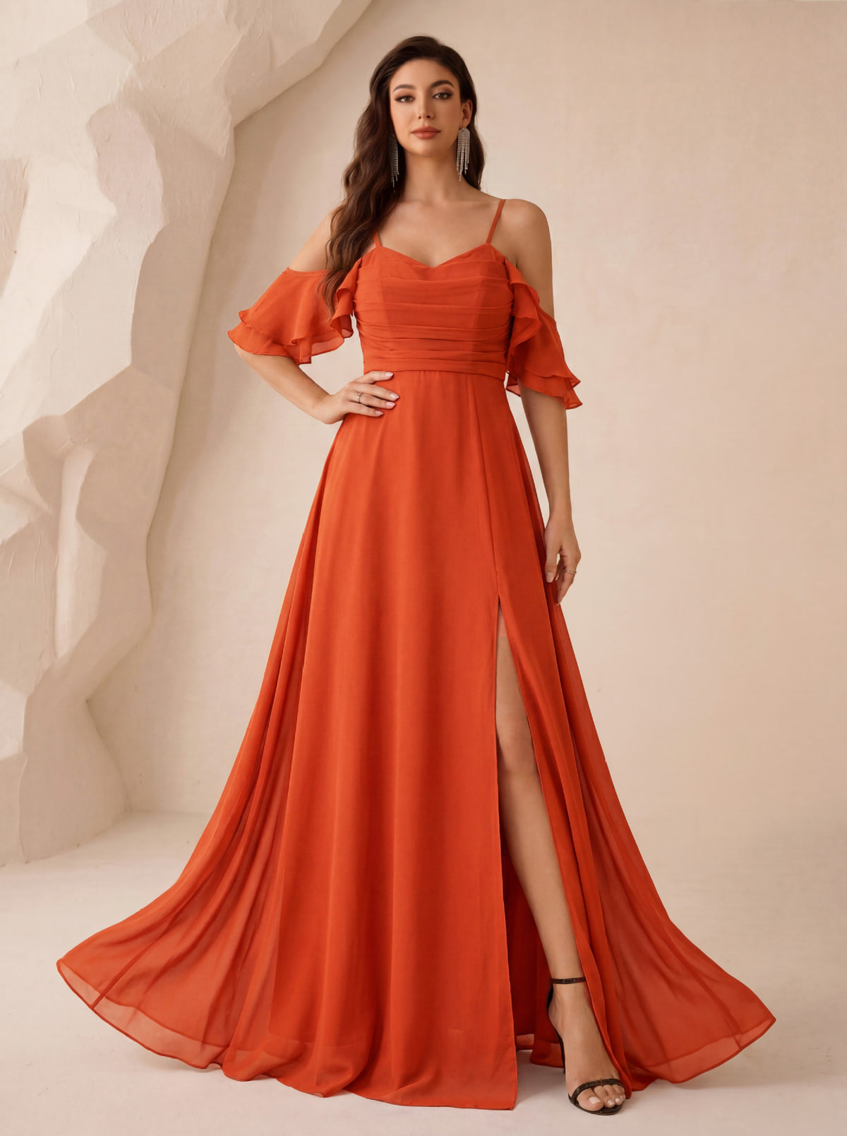 Chiffon Sweetheart Cold Shoulder Flutter Sleeve Empire Waist A-Line Floor-Length Bridesmaid Dress with High Slit XU00180 - Burnt Orange Front View